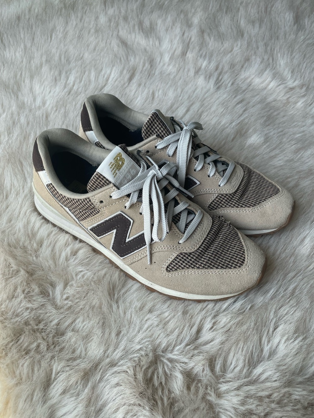 New Balance 996 Beige and Brown Houndstooth Sneakers